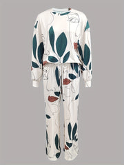 Sketch Face Print 2pc Set Crew Neck Long Sleeve Tops & Wide Leg Pants Outfits