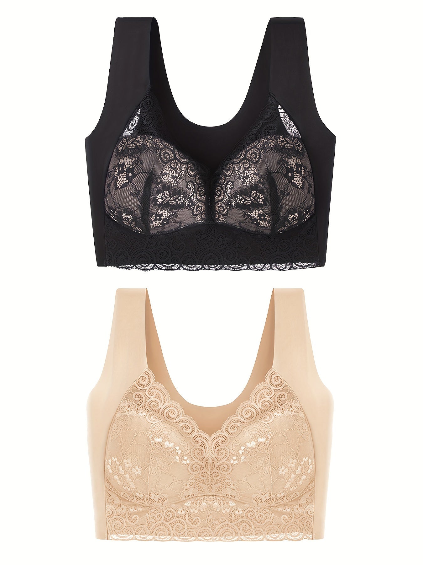 Lace Decor Sports Bra V Neck Yoga Workout Bra 2pcs