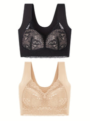 Lace Decor Sports Bra V Neck Yoga Workout Bra 2pcs