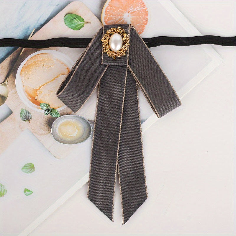 Classic Ribbon Bow Tie Faux Pearl Decor Bowknot Adjustable Neck Tie