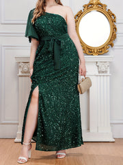 Glitter Sequin One Shoulder Split Maxi Party Dress