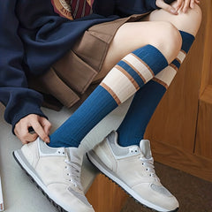 Striped Crew Calf Socks College Style Knee High Stockings
