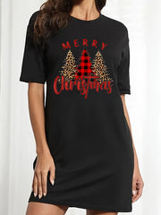 Plus Size Christmas Tee Dress Women's Slogan & Tree Print Short Sleeve