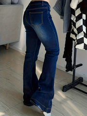 Baggy Flare Leg Jeans Plain Washed Casual Bootcut Denim