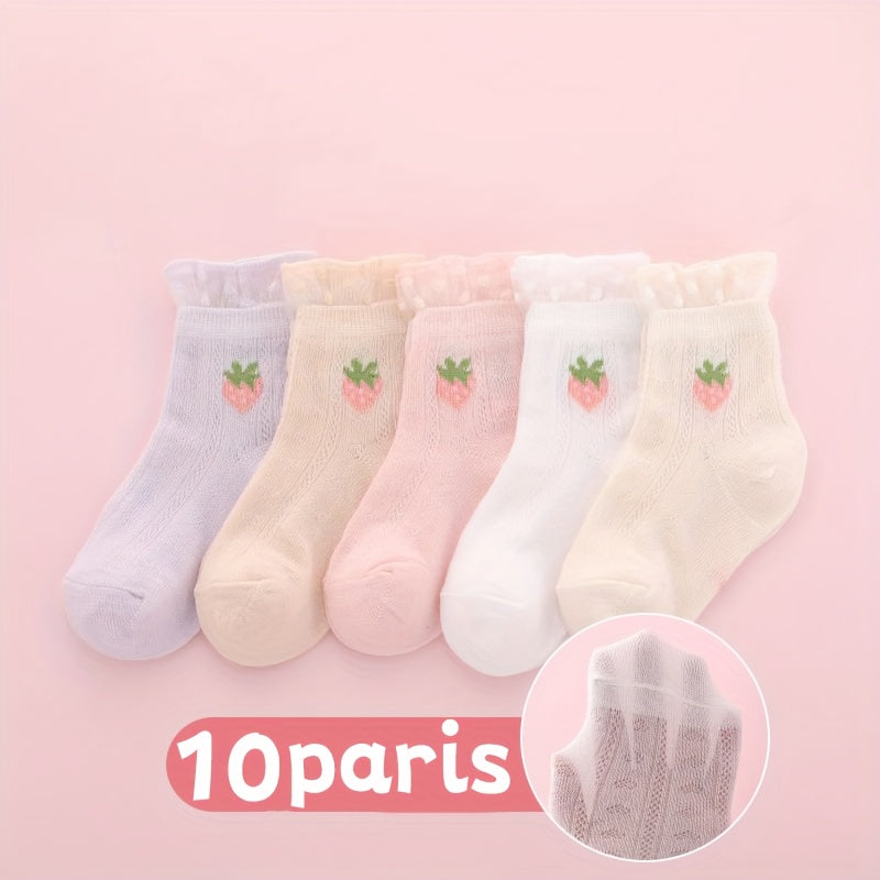 10 Pairs Girls Flower Strawberry Bow Crew Socks