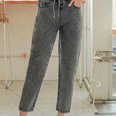 High Waist Paperbag Waist Denim Jeans Casual Drawstring Pencil Pants