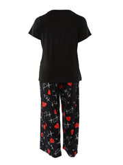 Heart Graphic Tee & Wide Leg Pants Pajamas Set
