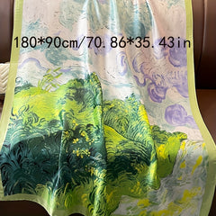 Green Oil Painting Print Scarf Classic Satin Shawl Sunscreen Head Wrap
