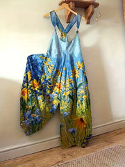 Casual Jumpsuit Women's Plus Floral Print Round Neck Wide Leg Tank Jum