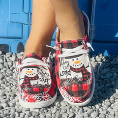 Christmas Women's Casual Flat Red Grid Snowman Print Canvas Shoes