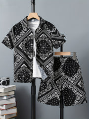 Paisley Pattern Boy's Hawaiian Shirt & Shorts Set for Beach Vacation