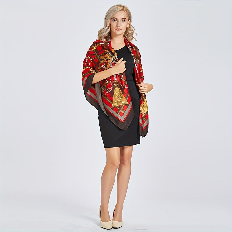 Metal Chain Printed Square Scarf Silk Feeling Satin Warm Shawl