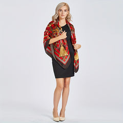 Metal Chain Printed Square Scarf Silk Feeling Satin Warm Shawl