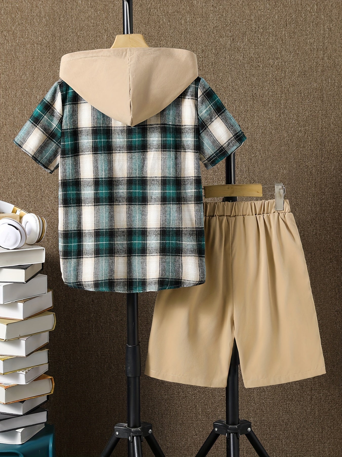 Boys 2pcs Plaid Hooded Shirt & Shorts Set Short Sleeve Top Casual Kids Summer