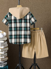 Boys 2pcs Plaid Hooded Shirt & Shorts Set Short Sleeve Top Casual Kids Summer