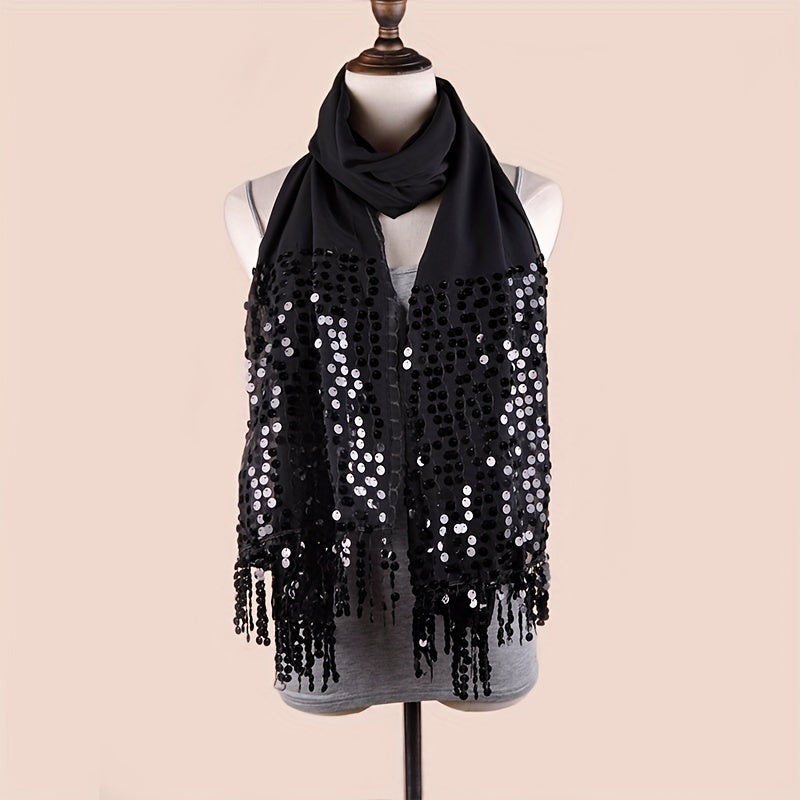 Sequin Decor Tassel Shawl Long Scarf Embroidery Lace Wrap Chiffon Scarves
