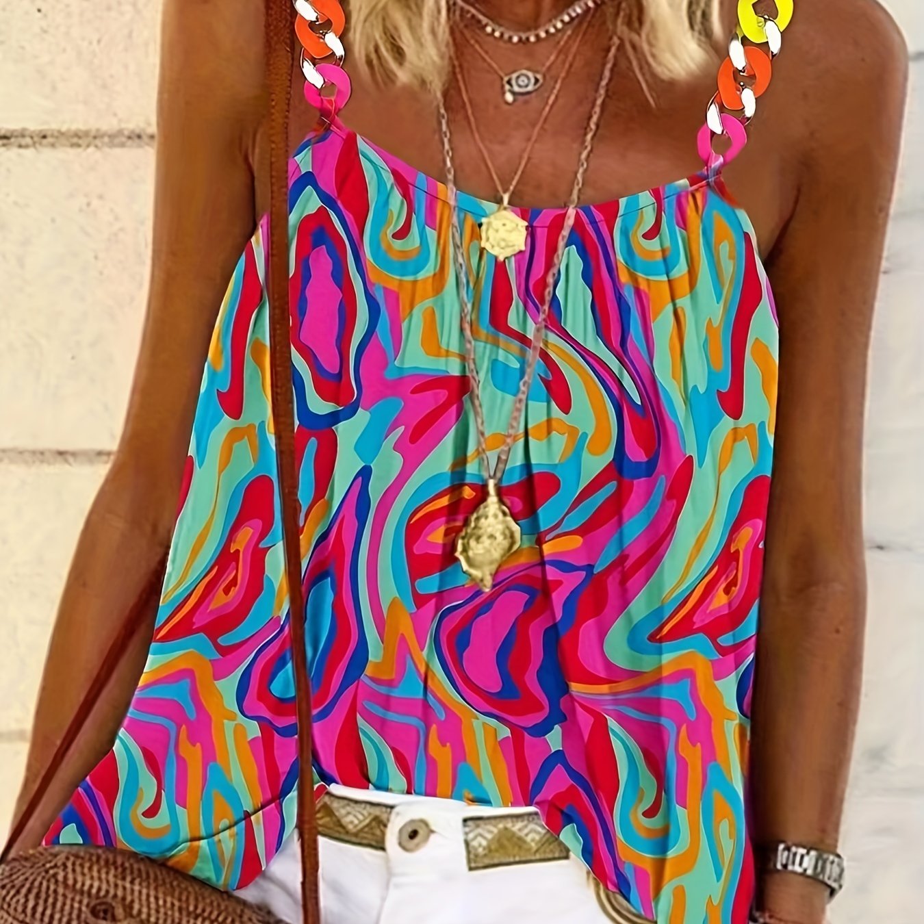 Colorful Graphic Spaghetti Strap Top Chain Stitching Sleeveless Cami