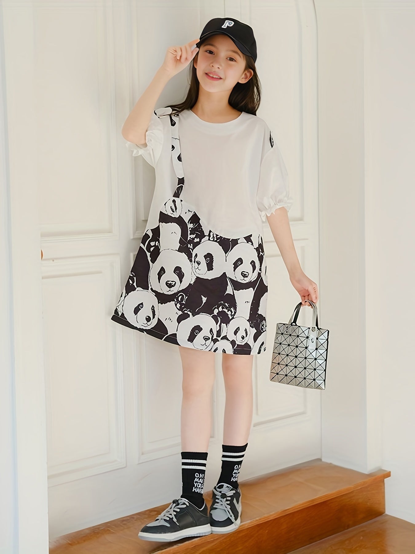 Girl's Panda Graphic Dress Short Sleeve Crew Neck Princess Dress