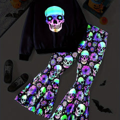 Girl's Skeleton Graphic Outfit 2pcs Set Glow in Dark Kid's Halloween Clothes
