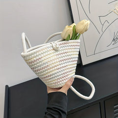 Kids Holiday Straw Shoulder Bag, Beach Bucket Bag for Girls