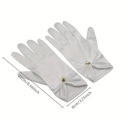 Satin Short Gloves Faux Pearl Prom Party Women's Accessories