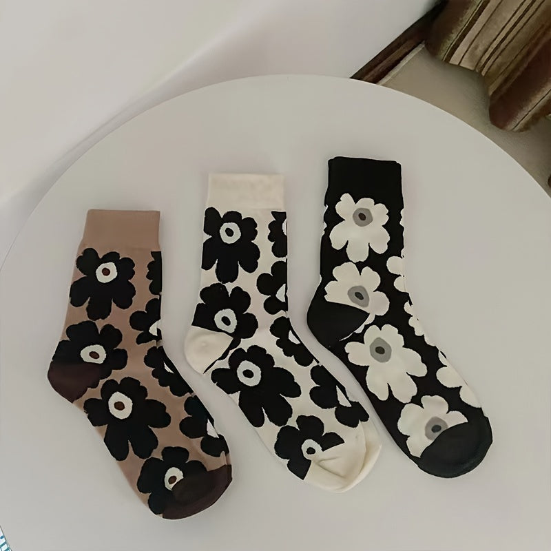 3 Pairs Floral Print Socks Mid Tube Comfy & Breathable Women's Stockings