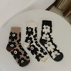 3 Pairs Floral Print Socks Mid Tube Comfy & Breathable Women's Stockings