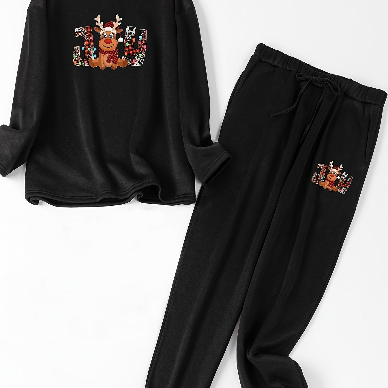 Women's Plus Elk & Letter Print Fleece Top & Joggers Pajamas Set