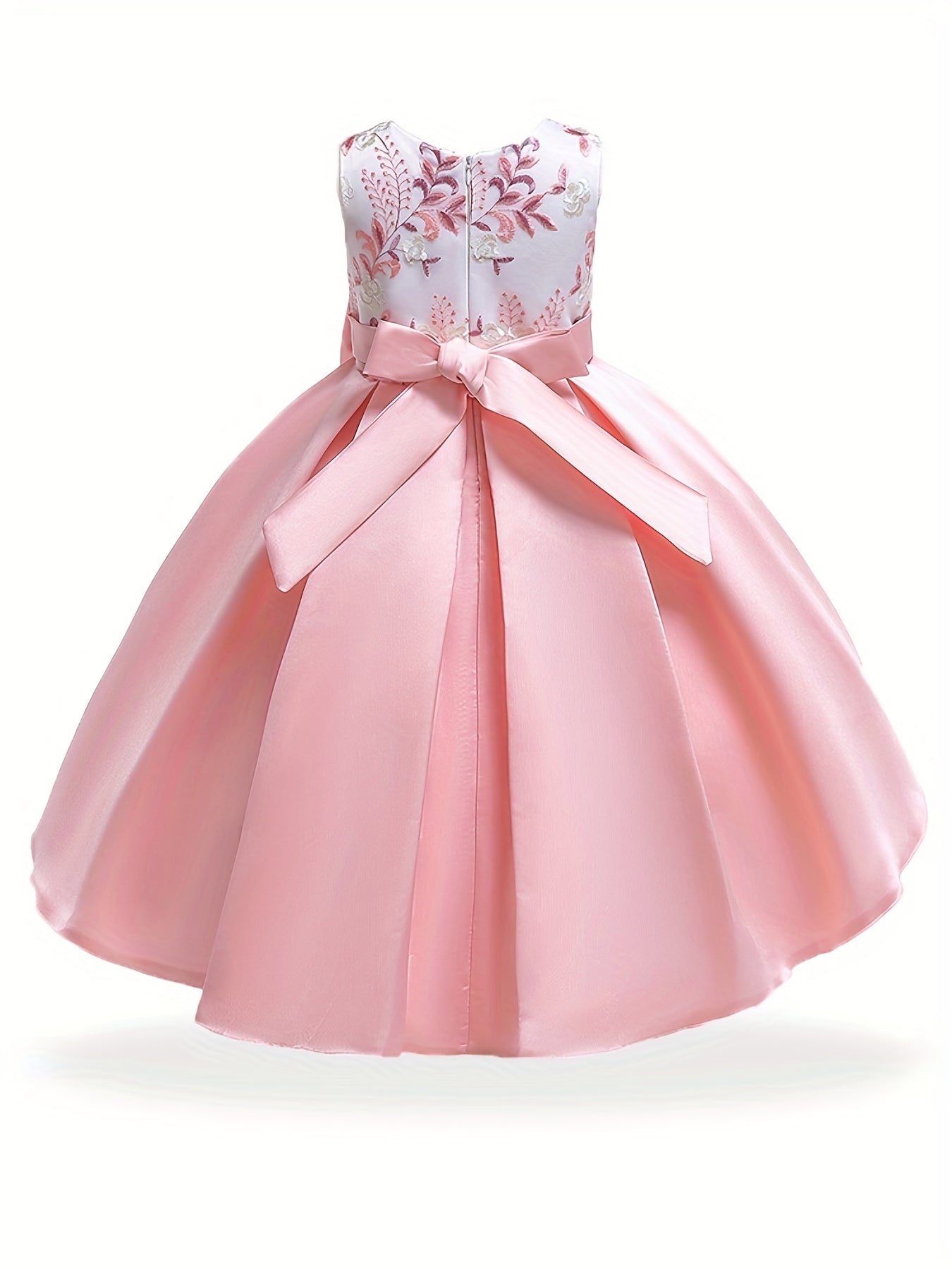 Girls Floral Embroidery Princess Dress High Low Pleated Dress