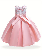 Girls Floral Embroidery Princess Dress High Low Pleated Dress