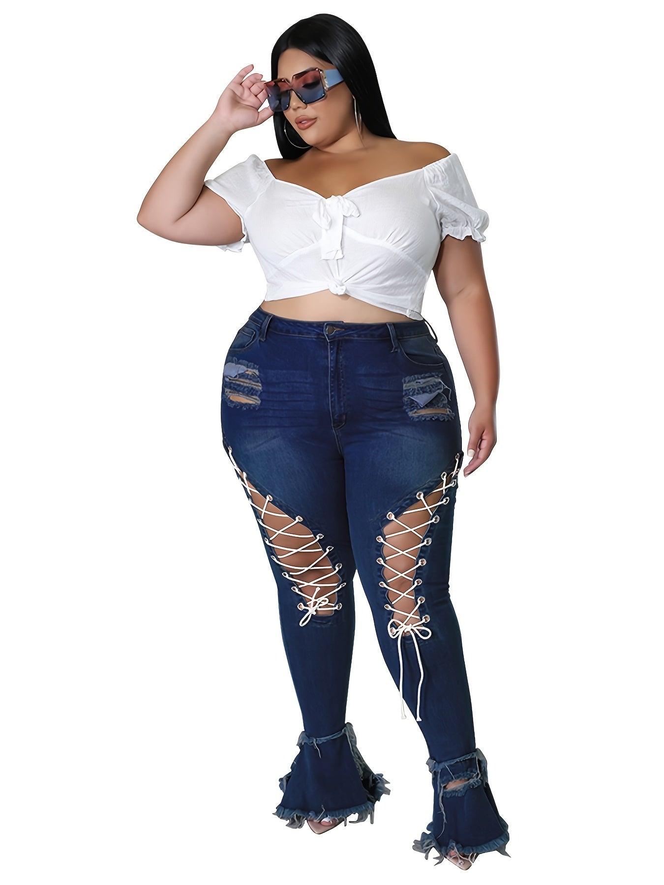 Criss Cross Ripped Flared Jeans High Rise Sexy Jeans