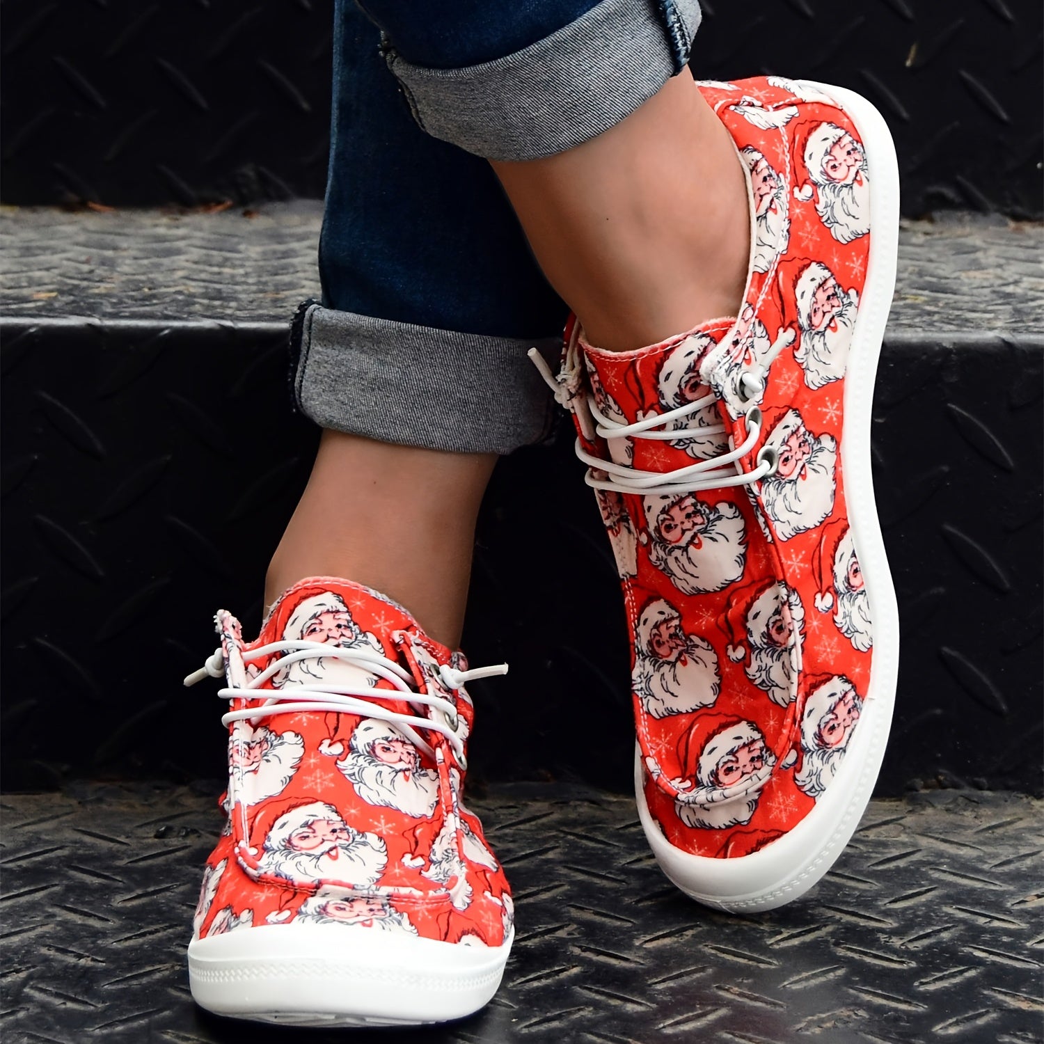 Christmas Print Sneaker Lace Up Canvas Shoes Women's Footwear