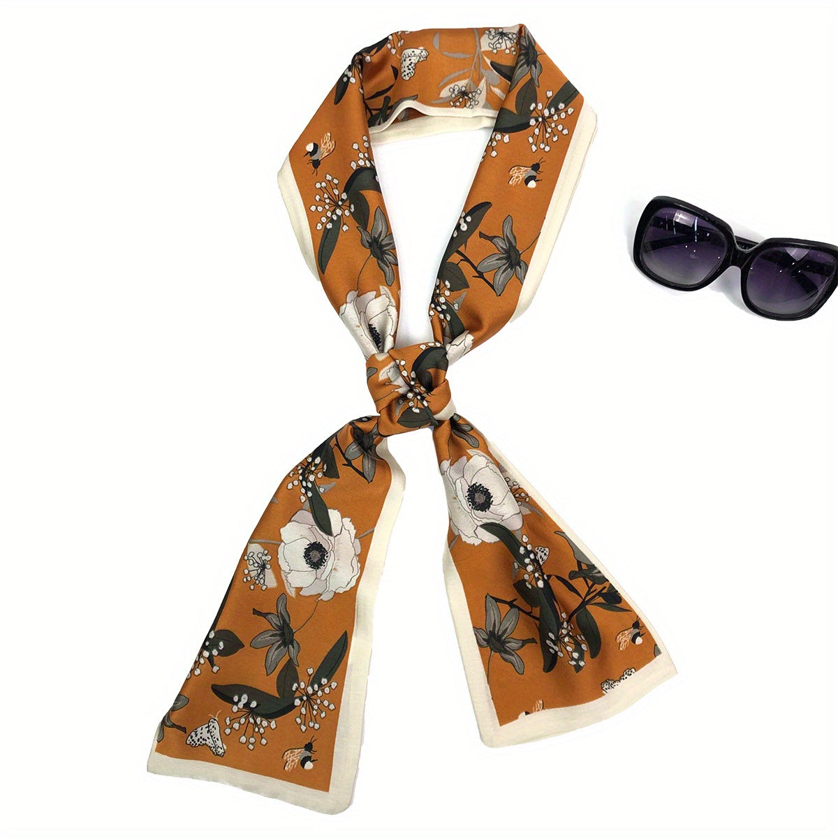Vintage Flower Print Skinny Scarf Casual Necktie Scarf Hair Ribbon