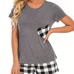 Plaid Print Lounge Set Crew Neck Short Sleeve Top & Elastic Waistband Shorts