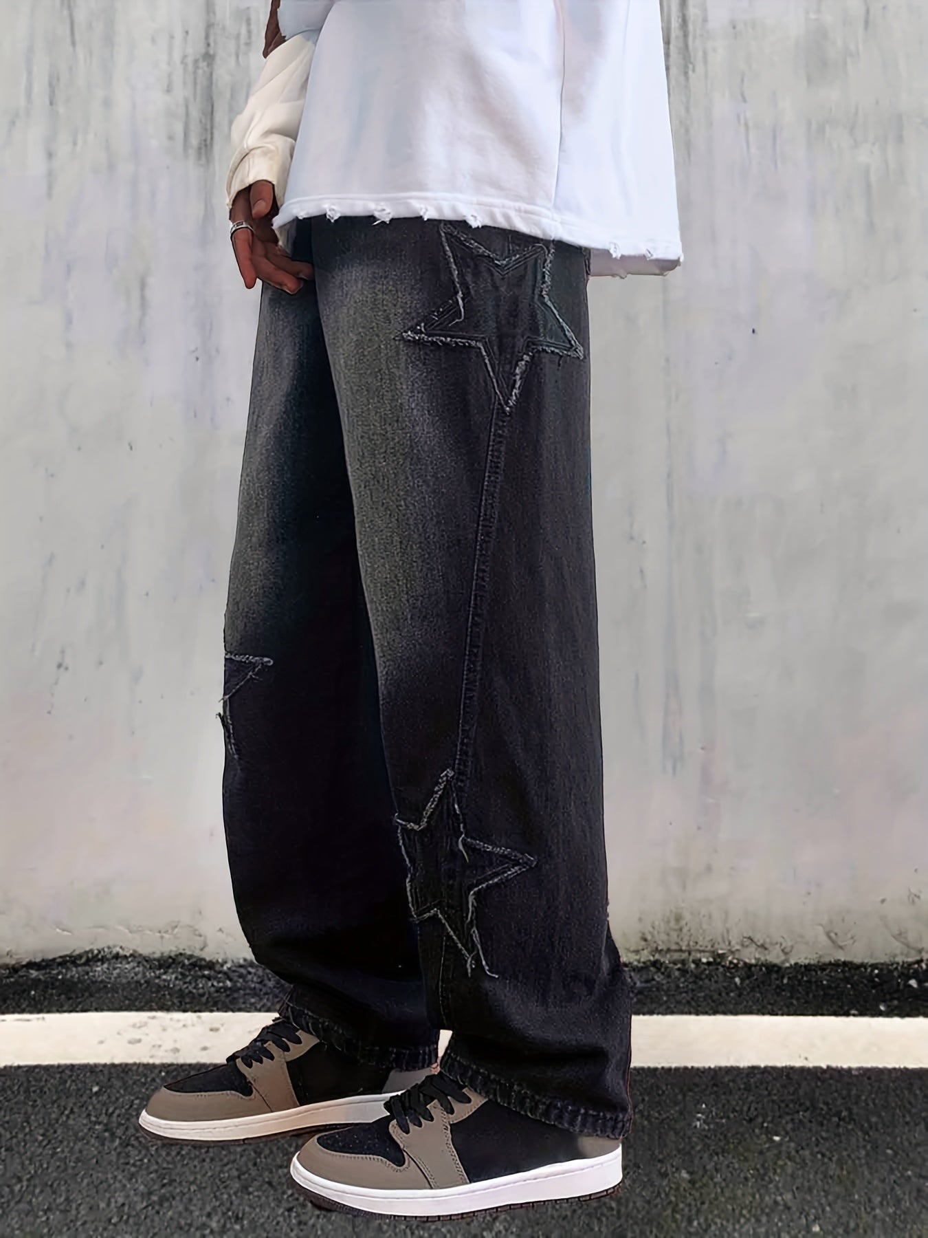 Star Pattern Baggy Jeans Men Casual Street Style Loose Fit Denim Pants