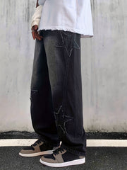 Star Pattern Baggy Jeans Men Casual Street Style Loose Fit Denim Pants