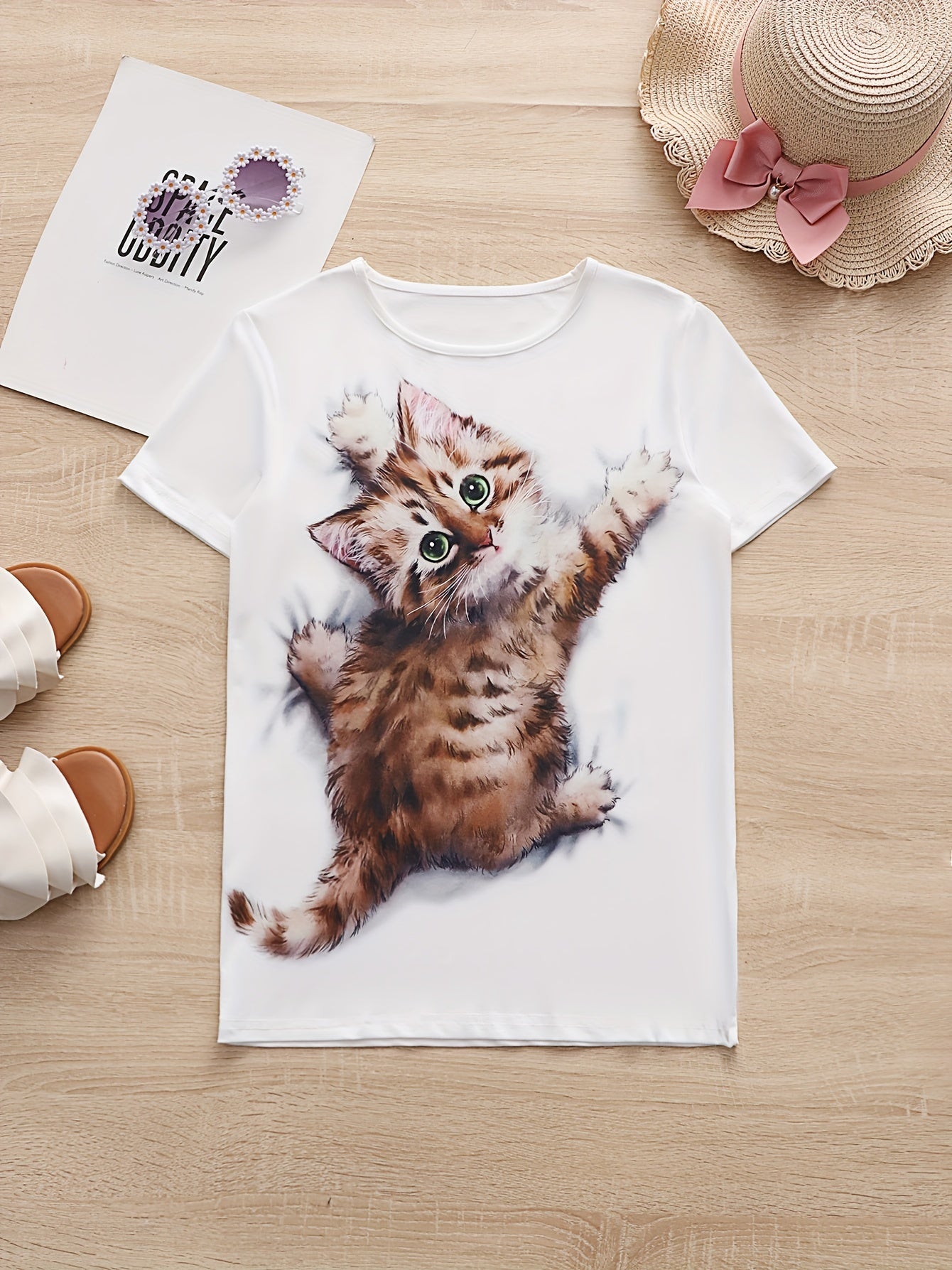 Cute Cartoon Kitty Short Sleeve Tee - Girls Summer Gift