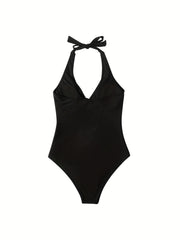 Backless Halter Tie One Piece Swimsuit High Stretch Solid Swimwear