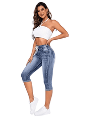 Slim Fit Capris Denim Jeans Drawstring Elastic Waist High Stretch Denim Pants