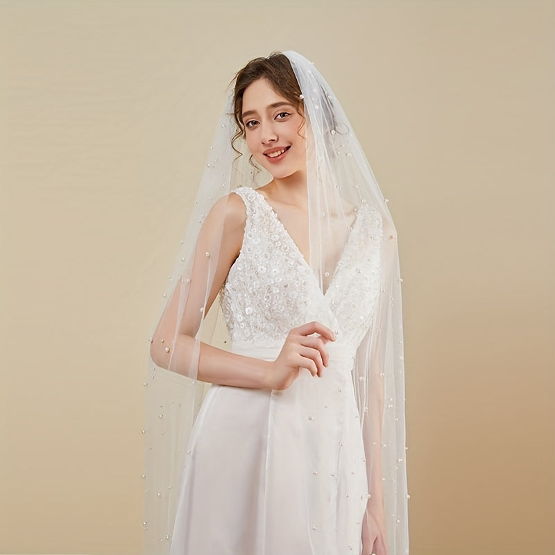Bridal Veil with Faux Pearls 2m Long Single Layer Mesh