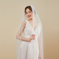 Bridal Veil with Faux Pearls 2m Long Single Layer Mesh
