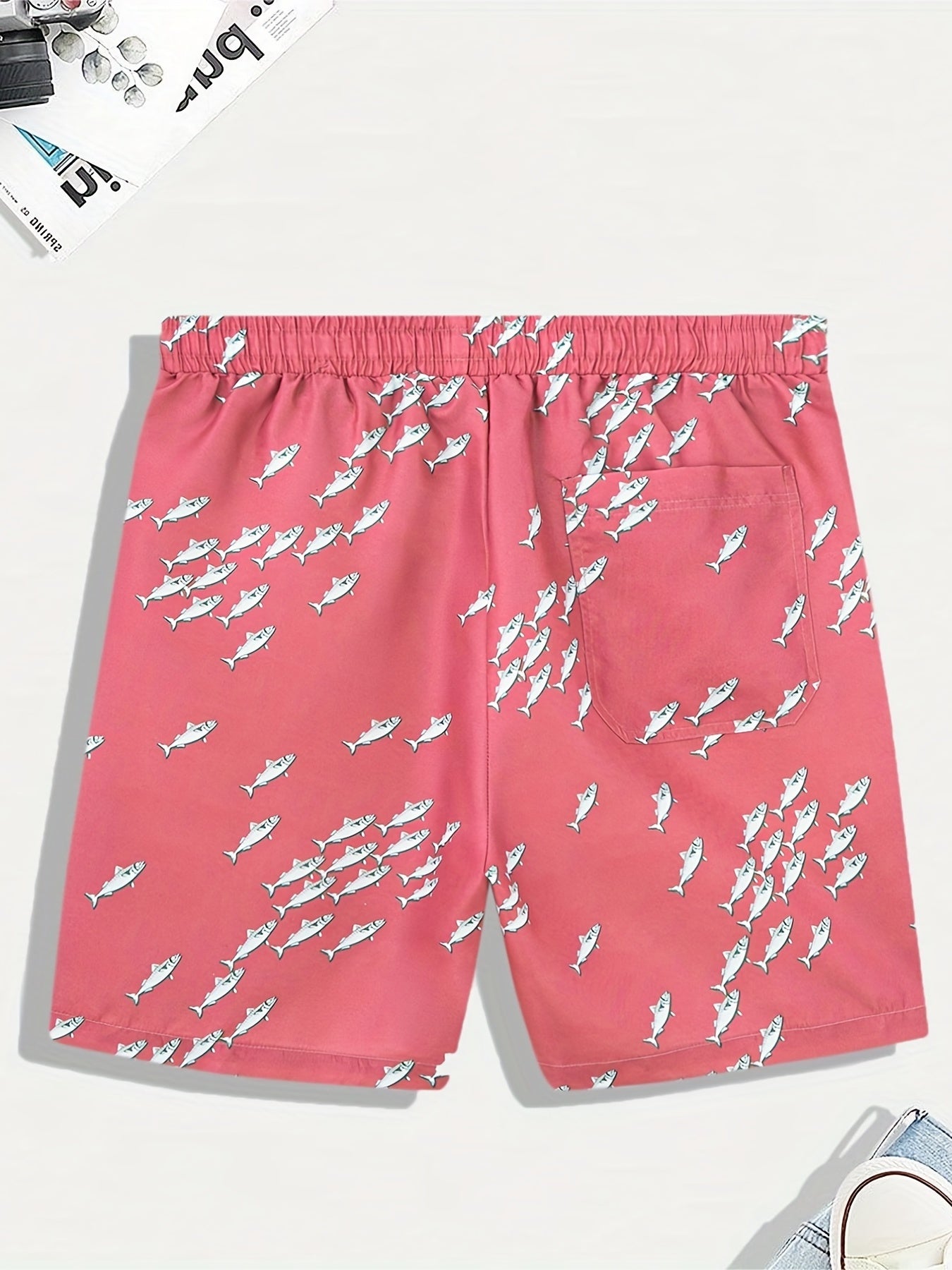 Men's Fish Graphic Drawstring Beach Shorts for Summer