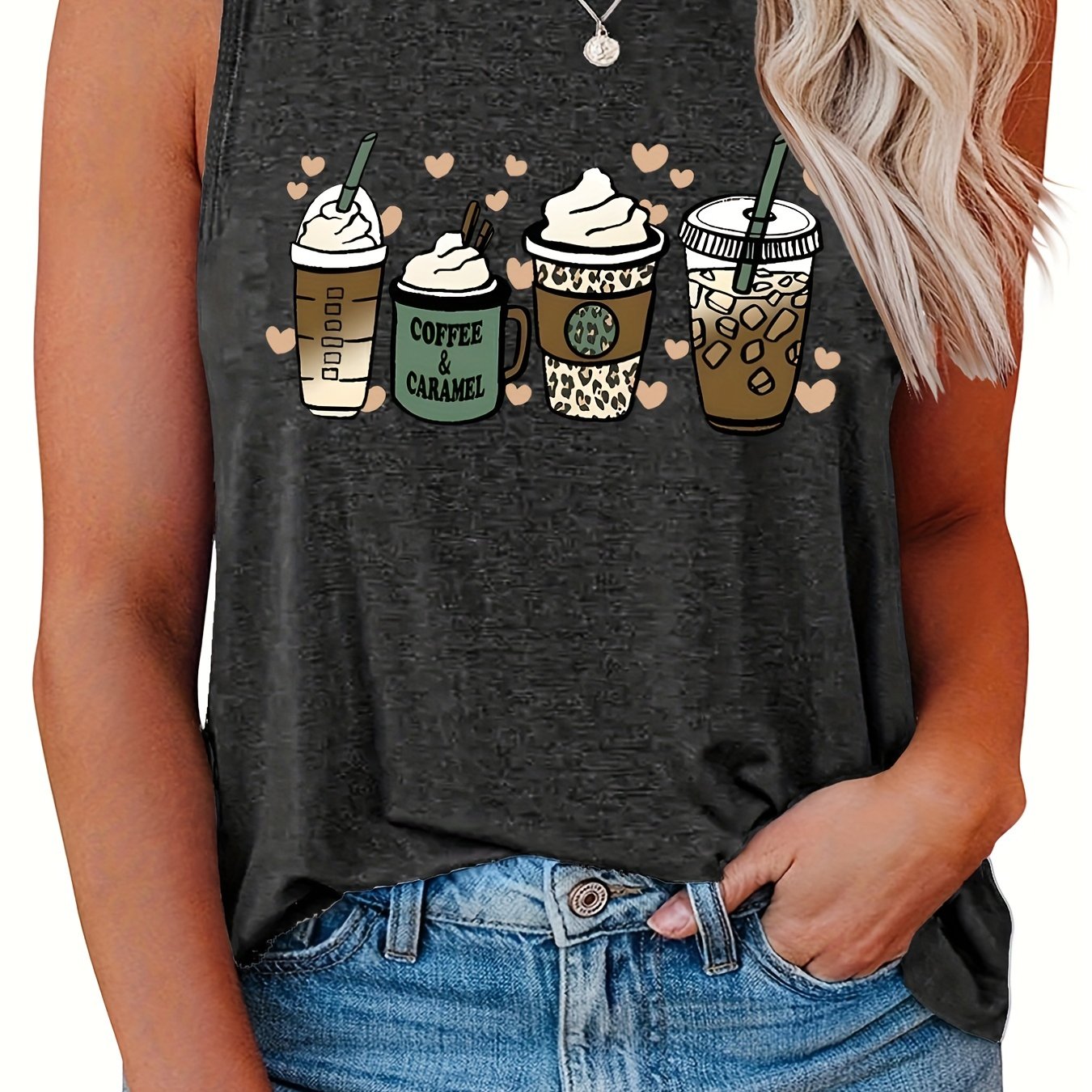 Coffee & Heart Print Tank Top