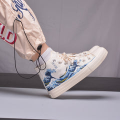 Men's Tide Print High Top Lace Up Canvas Sneakers
