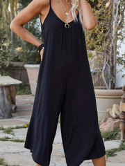 Casual Wide Leg Jumpsuit Spaghetti Strap Solid Color Scoop Neck Overall