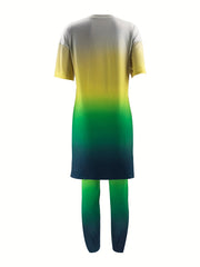 Gradient Casual 2pc Set V Neck Short Sleeve Top & Pants