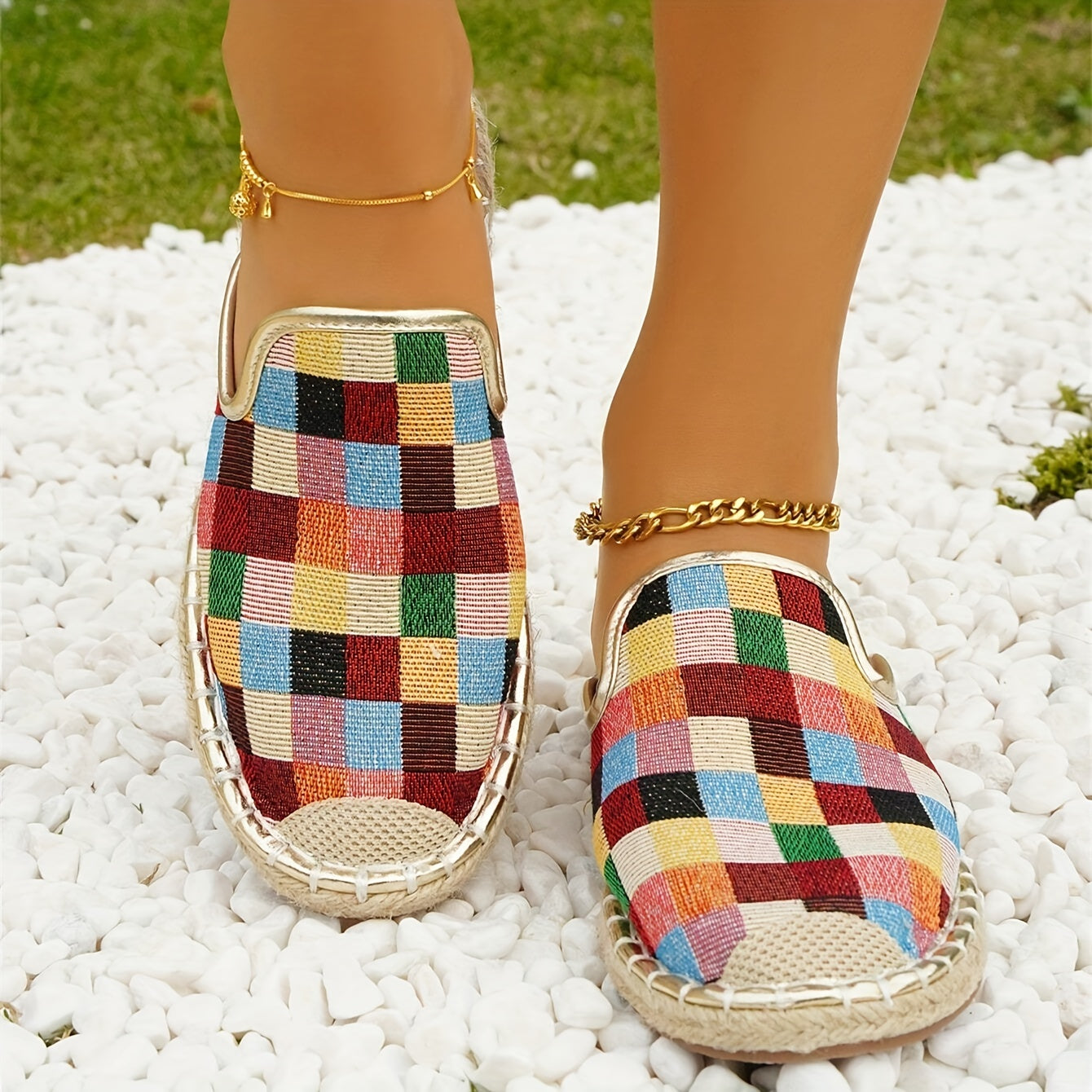 Colorful Plaid Mules Closed Toe Slip On Espadrille Flat Shoes