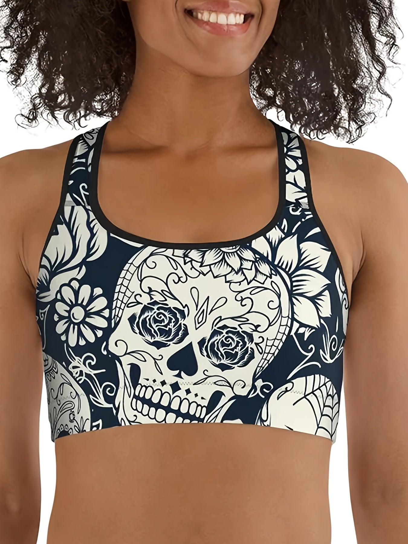 Gothic Skull Print Racer Back Sports Bra