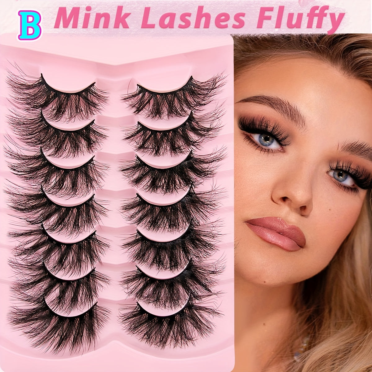 7 Pairs Fluffy Volumized Faux Mink Eyelashes - Cat Eye Look, 17mm