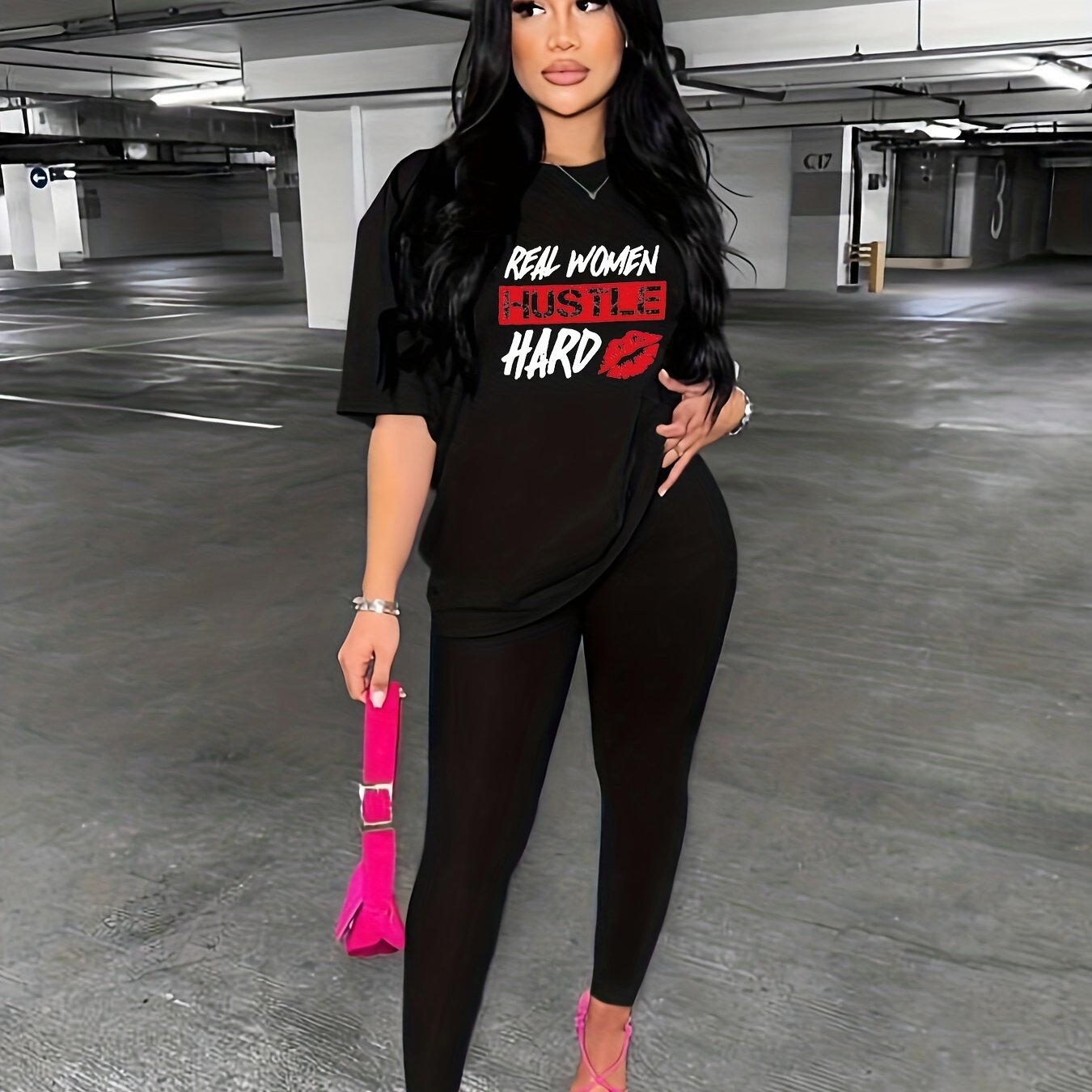 Lip & Letter Print Two piece Set Crew Neck Short Sleeve Top & Slim Pants